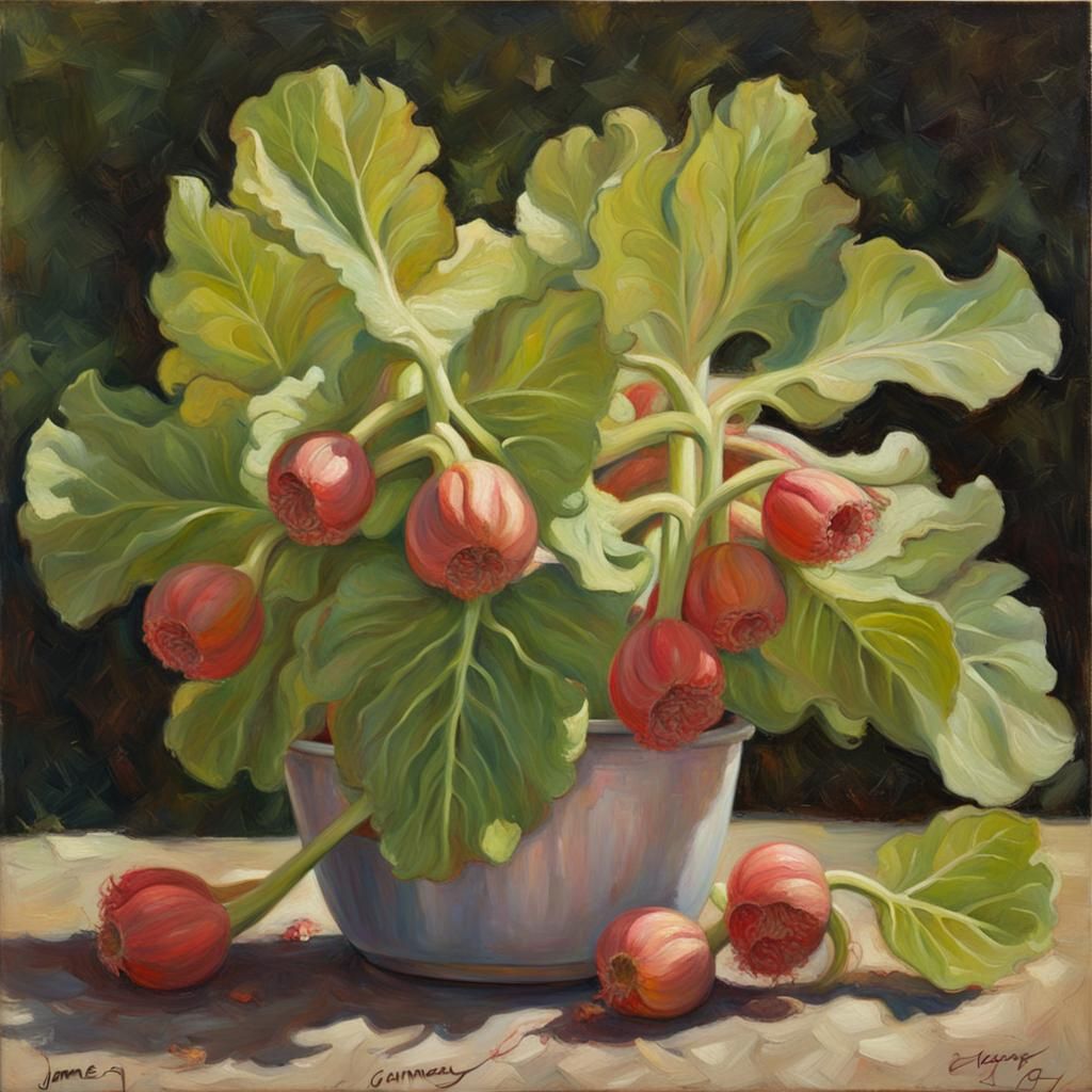 Rhubarb Oil Painting by James Gurney Style