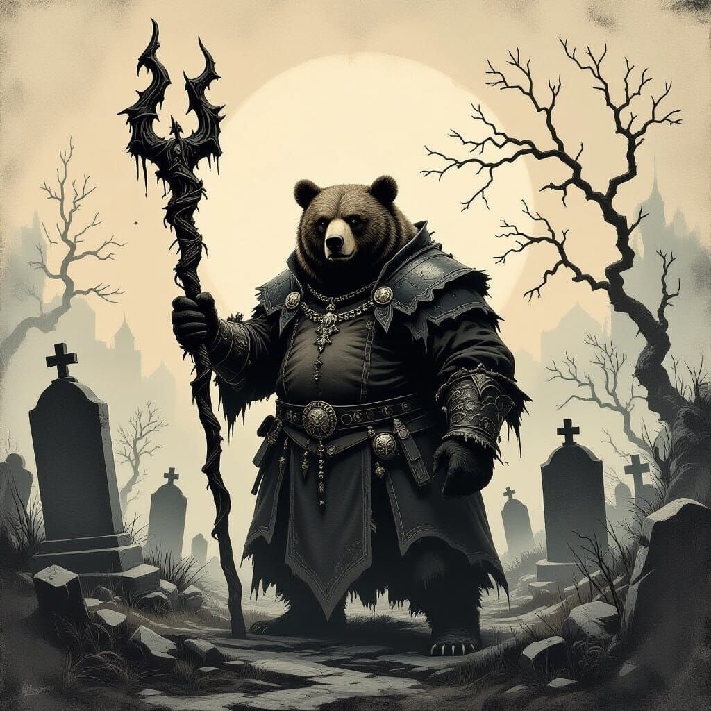 Kodiak Bear King in Gothic Graveyard, Sgraffito Style