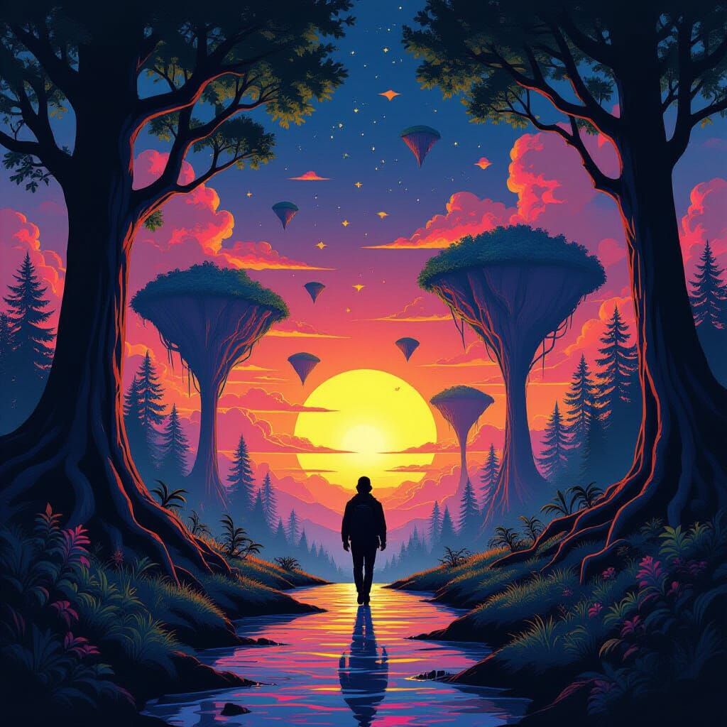 Psychedelic Forest Sunset with Floating Islands
