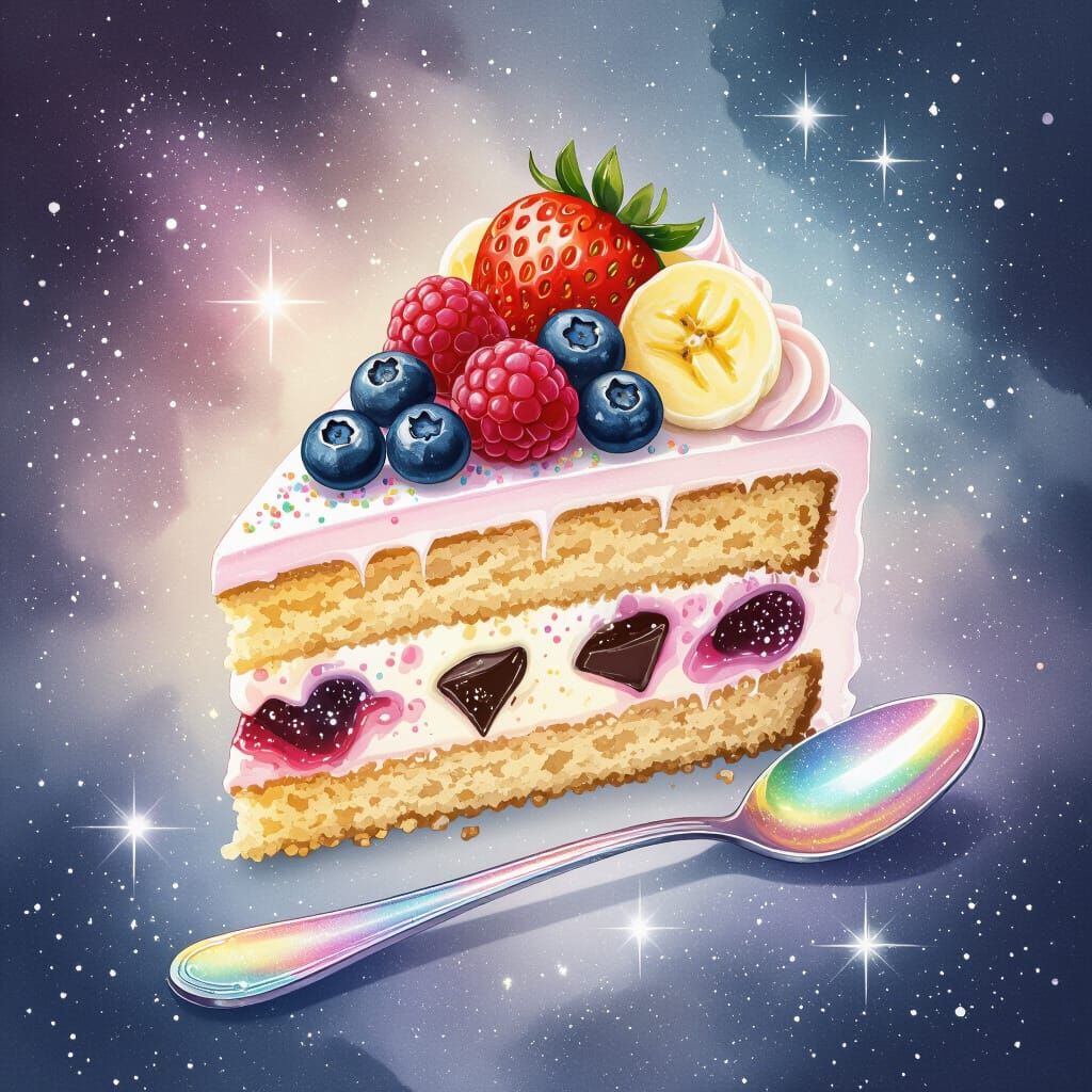 Cosmic Cake Slice with Stardust, Whimsical Style