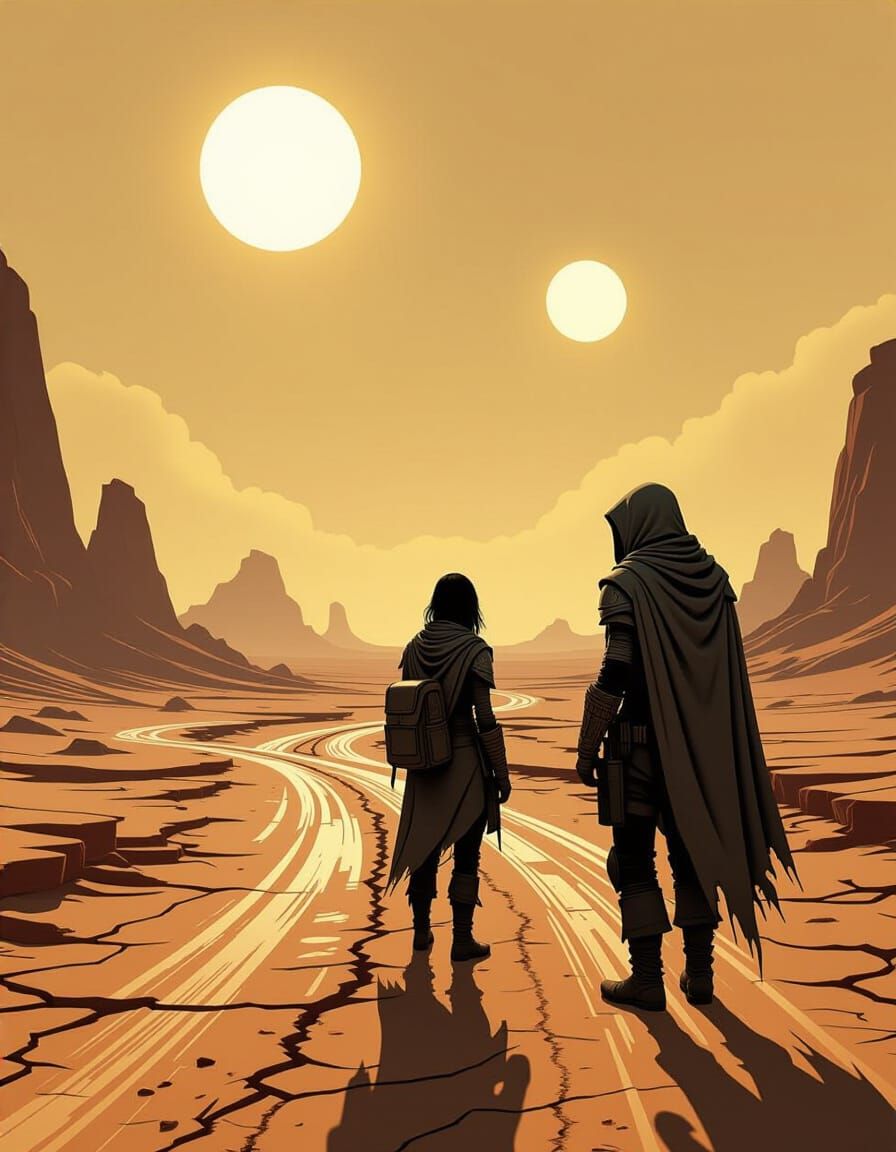 Lone Traveler in Alien Landscape Under Twin Suns