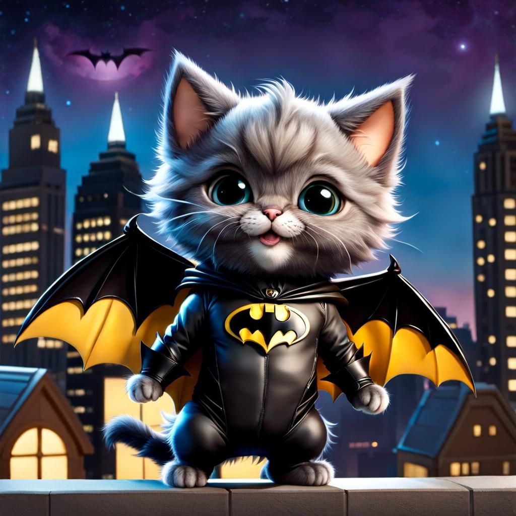 Cute Chibi Cat in Batman Costume on Rooftop