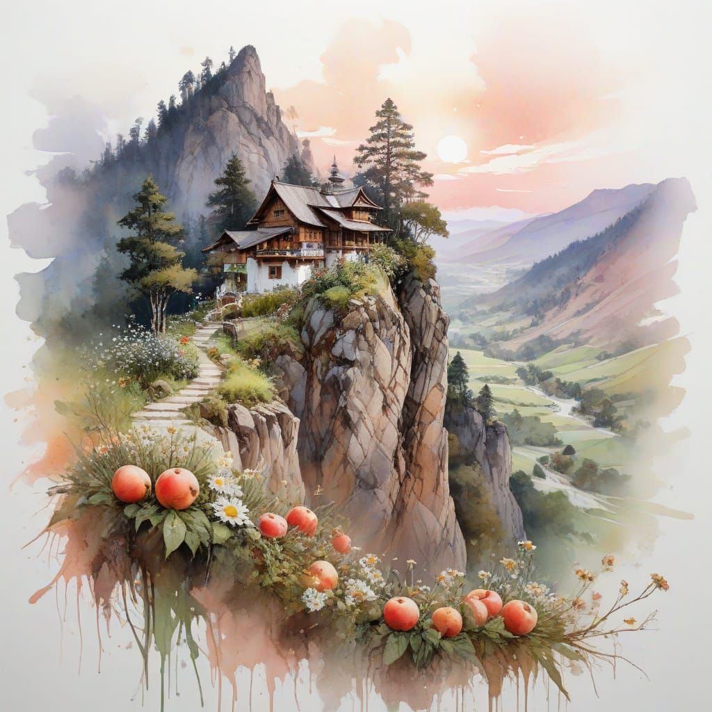 Highland Monastery in Watercolor Style