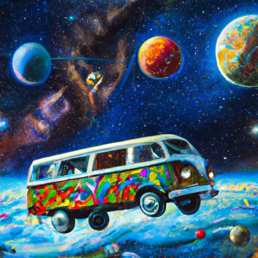 VW Bus Soaring Through Outer Space as Oil Painting