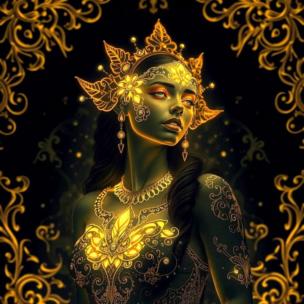 Ethereal Bioluminescent Maiden with Golden Filigree