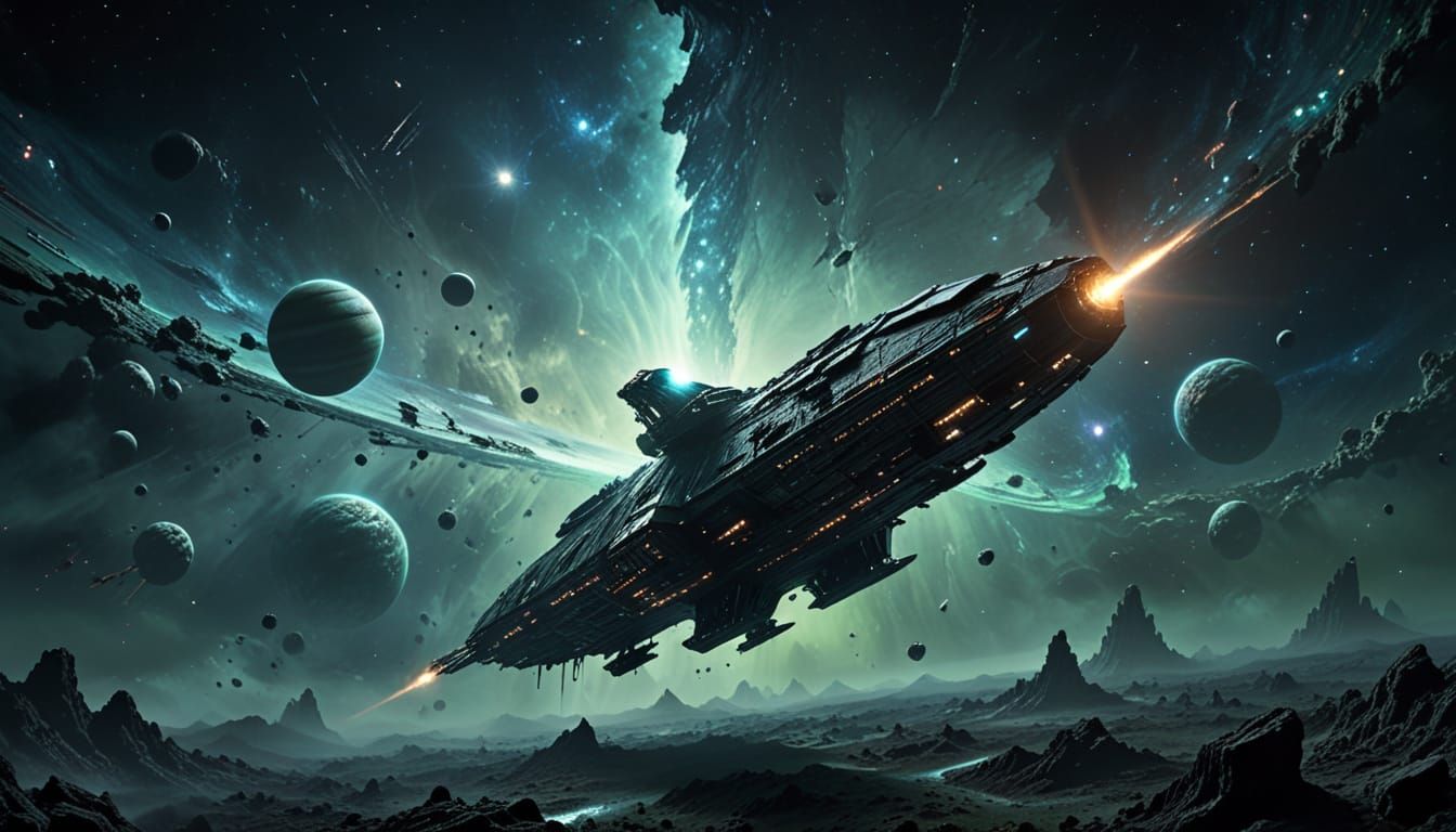 Colossal spaceship glides silently through the void