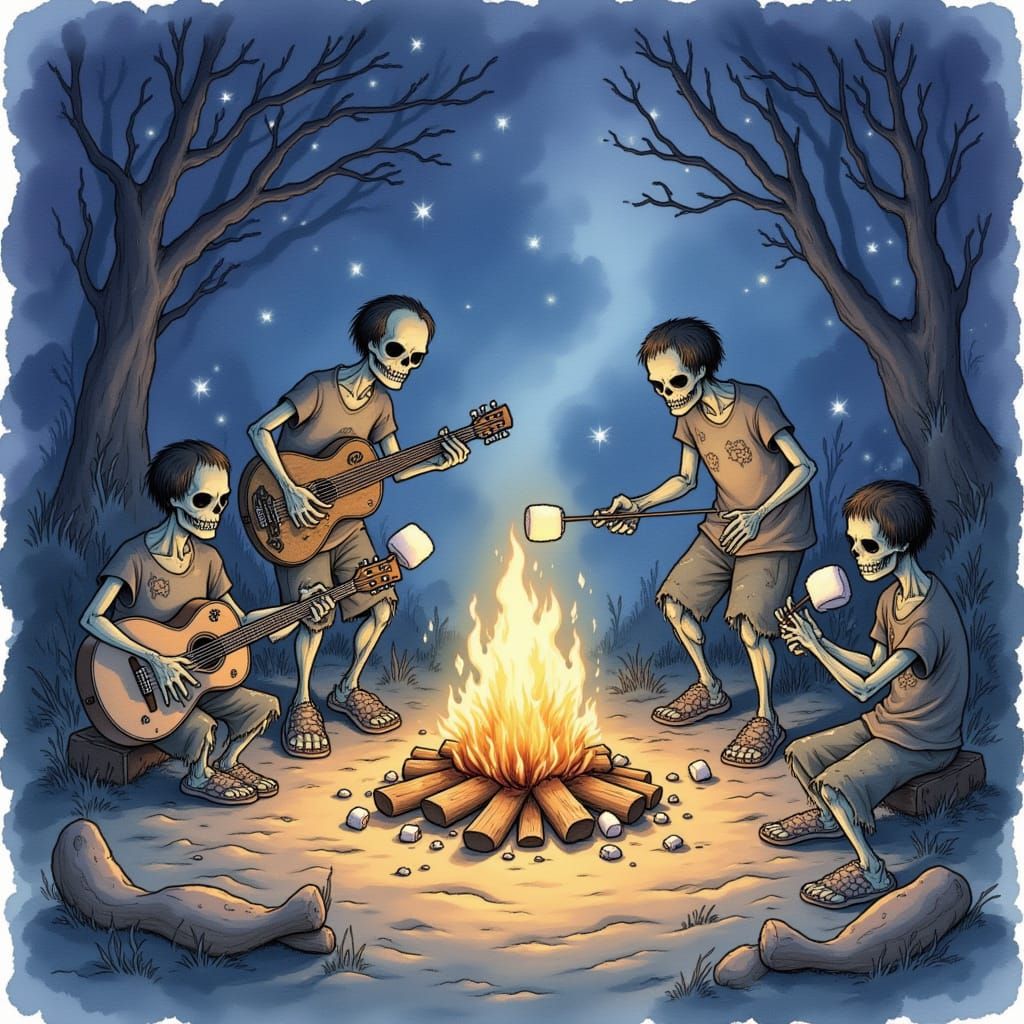 Zombies Toast Marshmallows in Watercolor Style