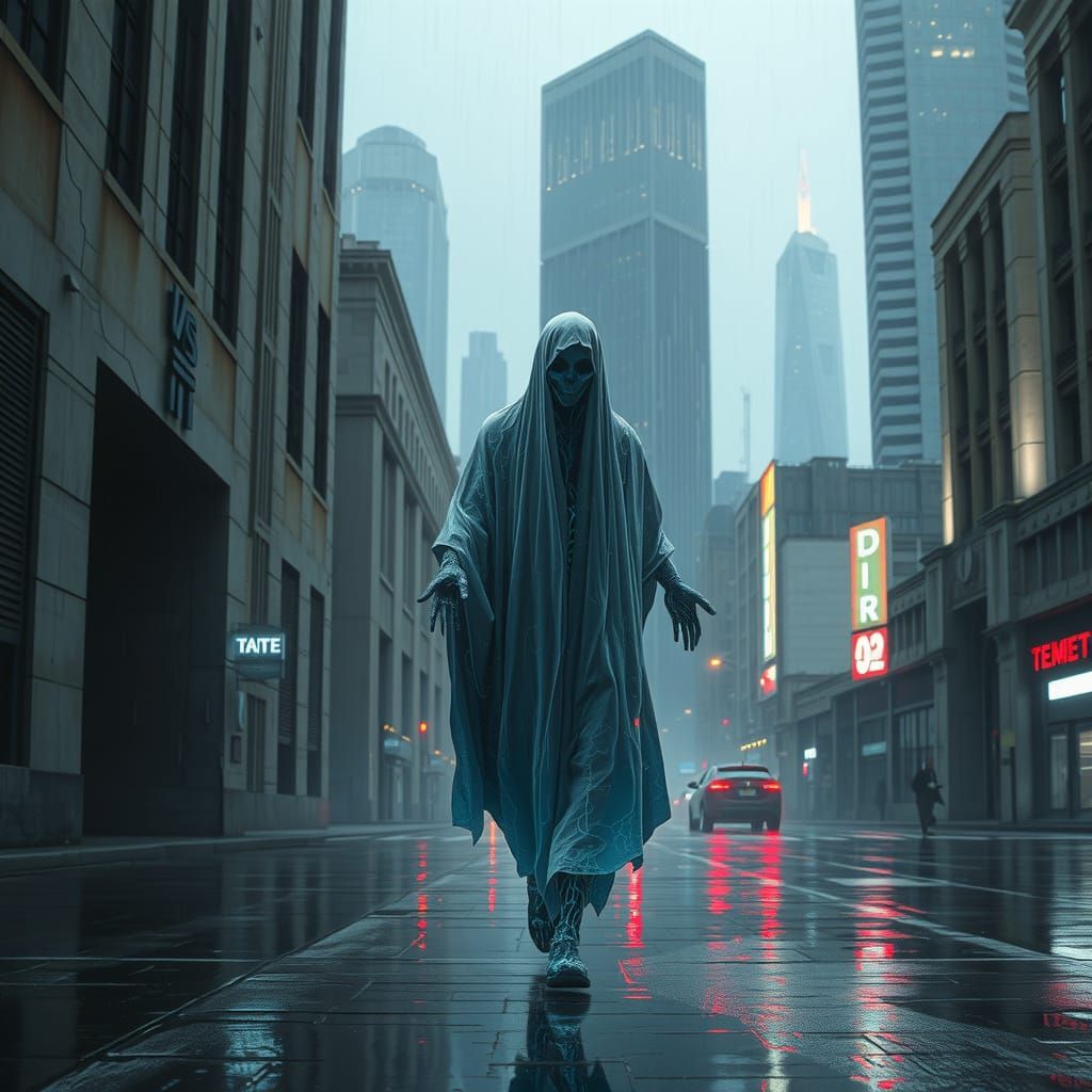 Ethereal Digital Specter in Brutalist Cityscape