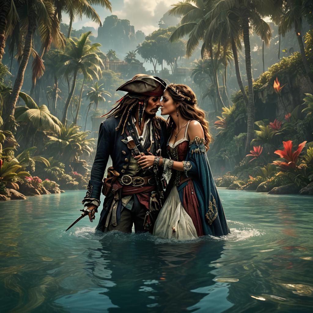 Romantic Lagoon Kiss: Detailed Fantasy Matte Painting