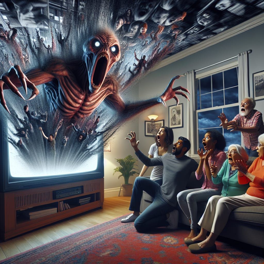 Surreal Horror Scene: TV Monster Emerges in a Middle-Class L...