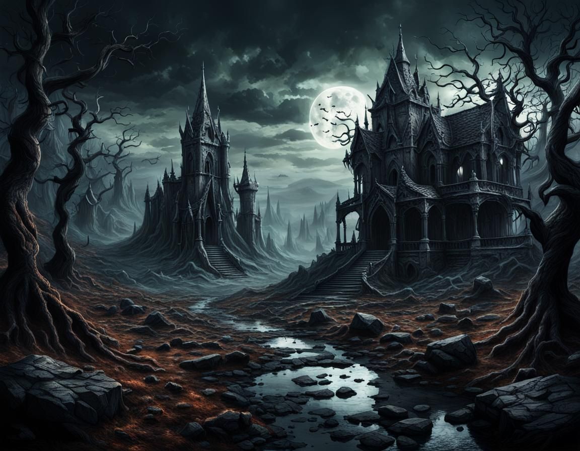 Eerie Dark Fantasy Landscape with Intricate Details