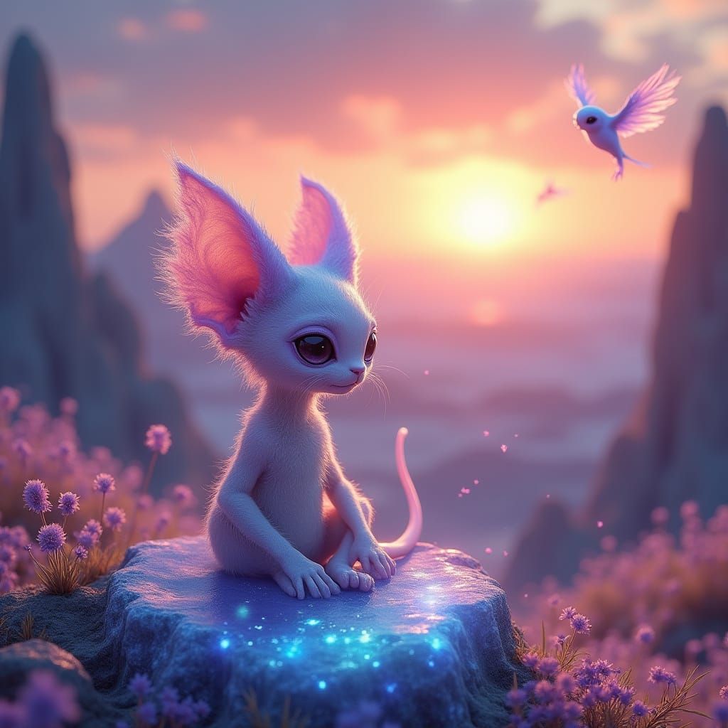Cosmic Kitten in a Dreamy, Surrealist Landscape
