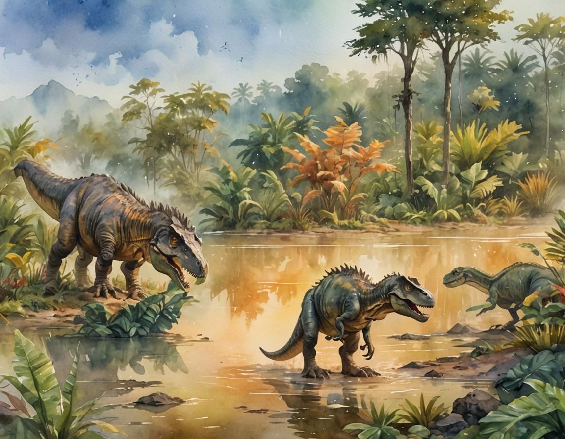 T-Rex in Misty Lake: A Watercolor Painting