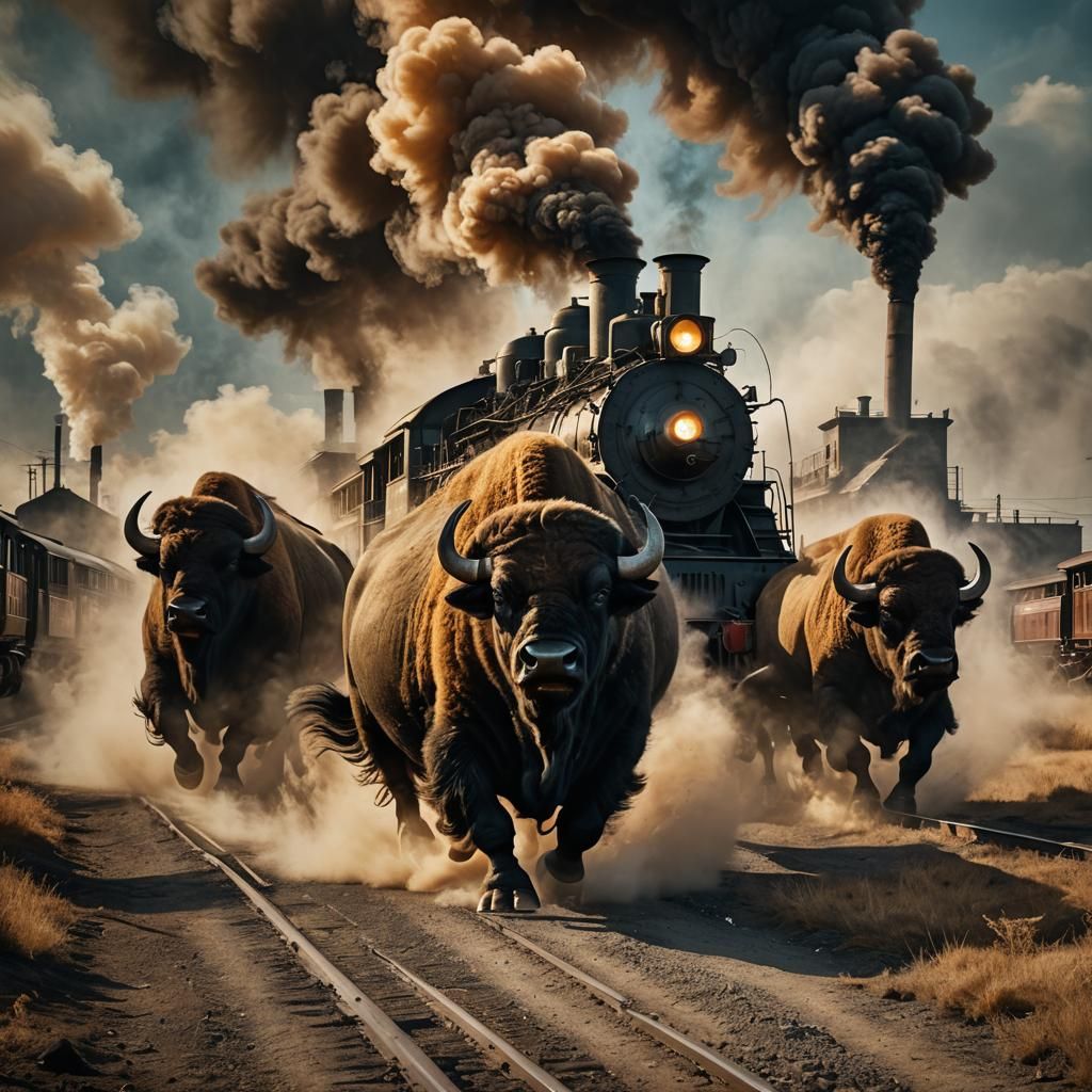 Buffalo Herd and Steam Train in Double Exposure