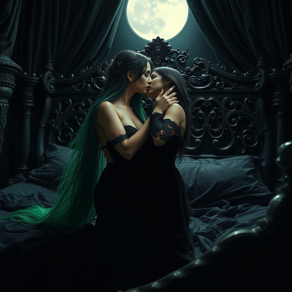 Romantic Gothic Ladies in a Black Bed, Embracing in Passiona...