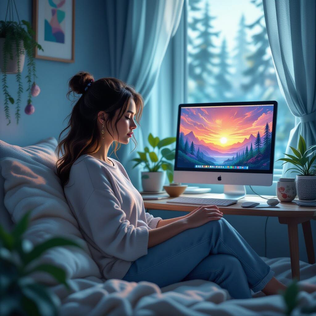 Woman in Peaceful Setting with Computer, Digital Art