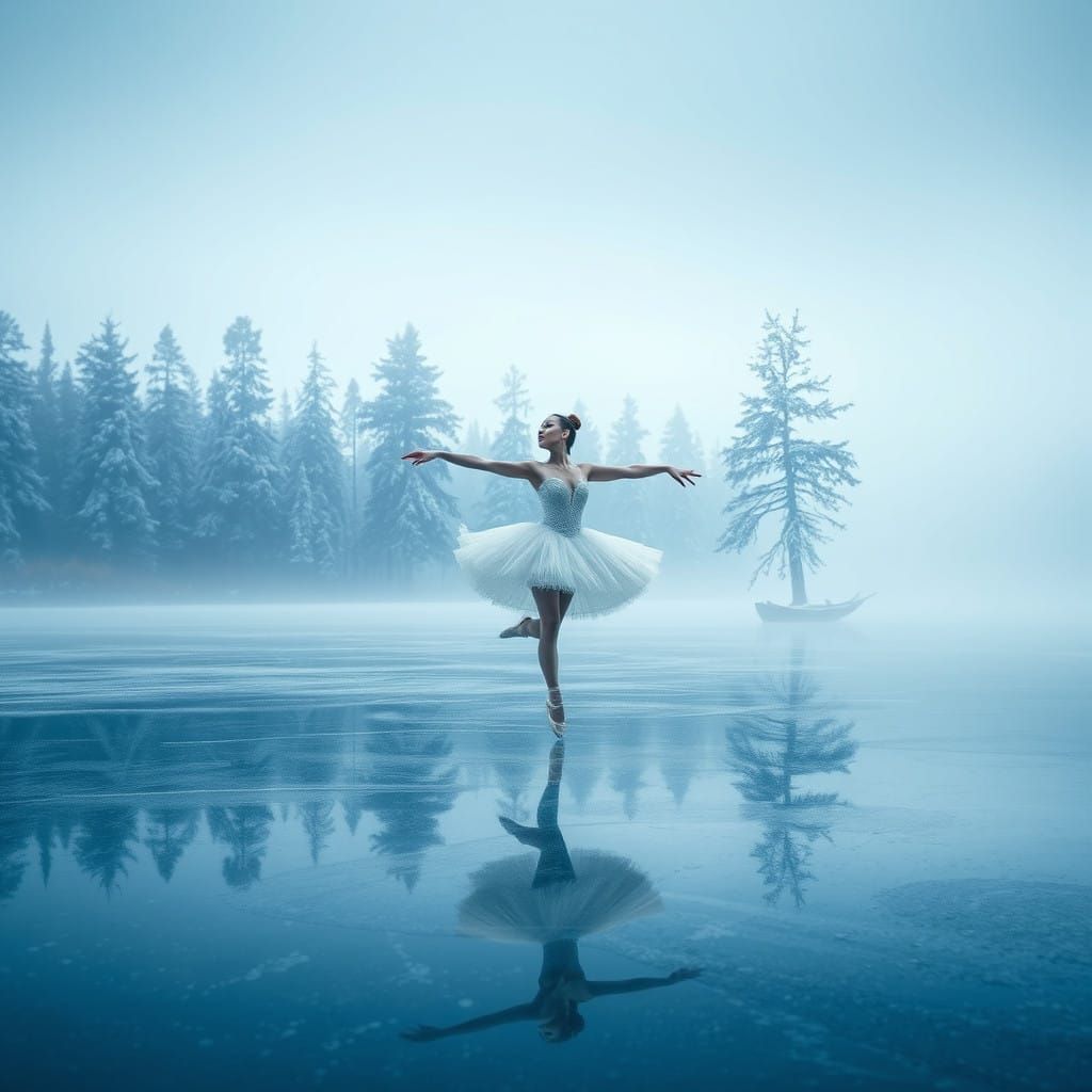 Serene Winter Ballerina on Frozen Lake in Hyper-Realistic St...