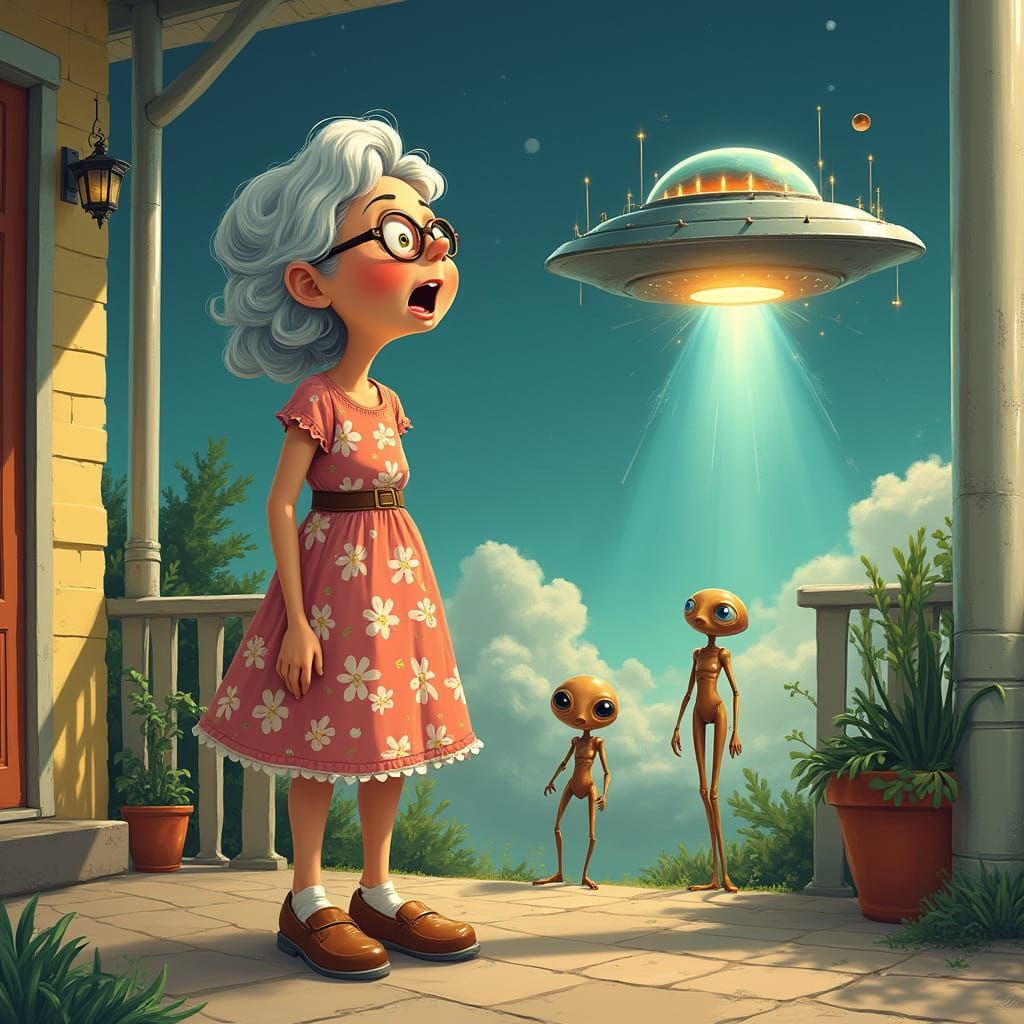 Surreal Grandma Meets Retro-Futuristic Aliens in a Whimsical...