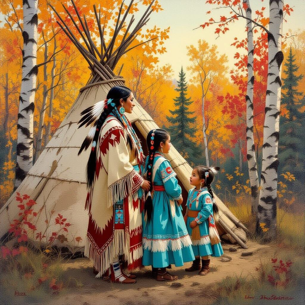 Native American Family Near Wigwam in Autumn