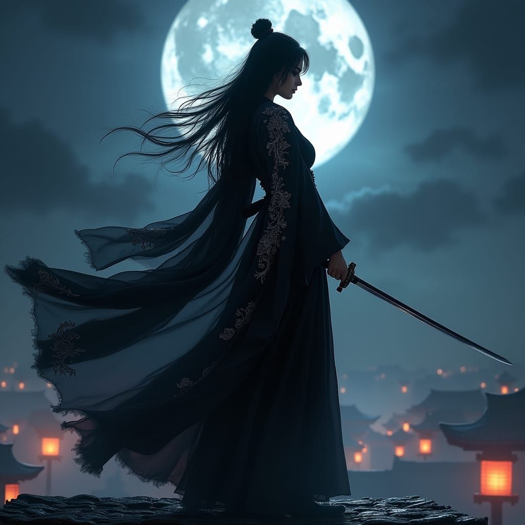 Goth Ninja Woman on Moonlit Rooftop in Feudal Japan