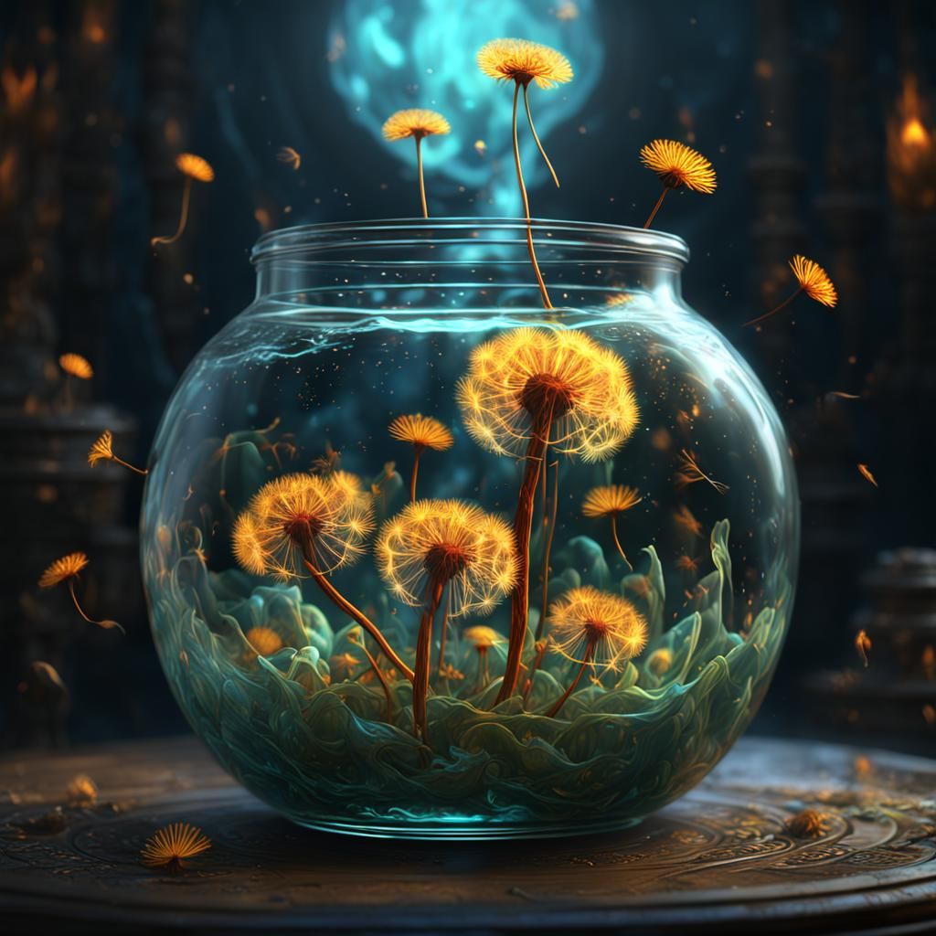 Fiery Dandelion Swirl in a Jar: Detailed Matte Painting