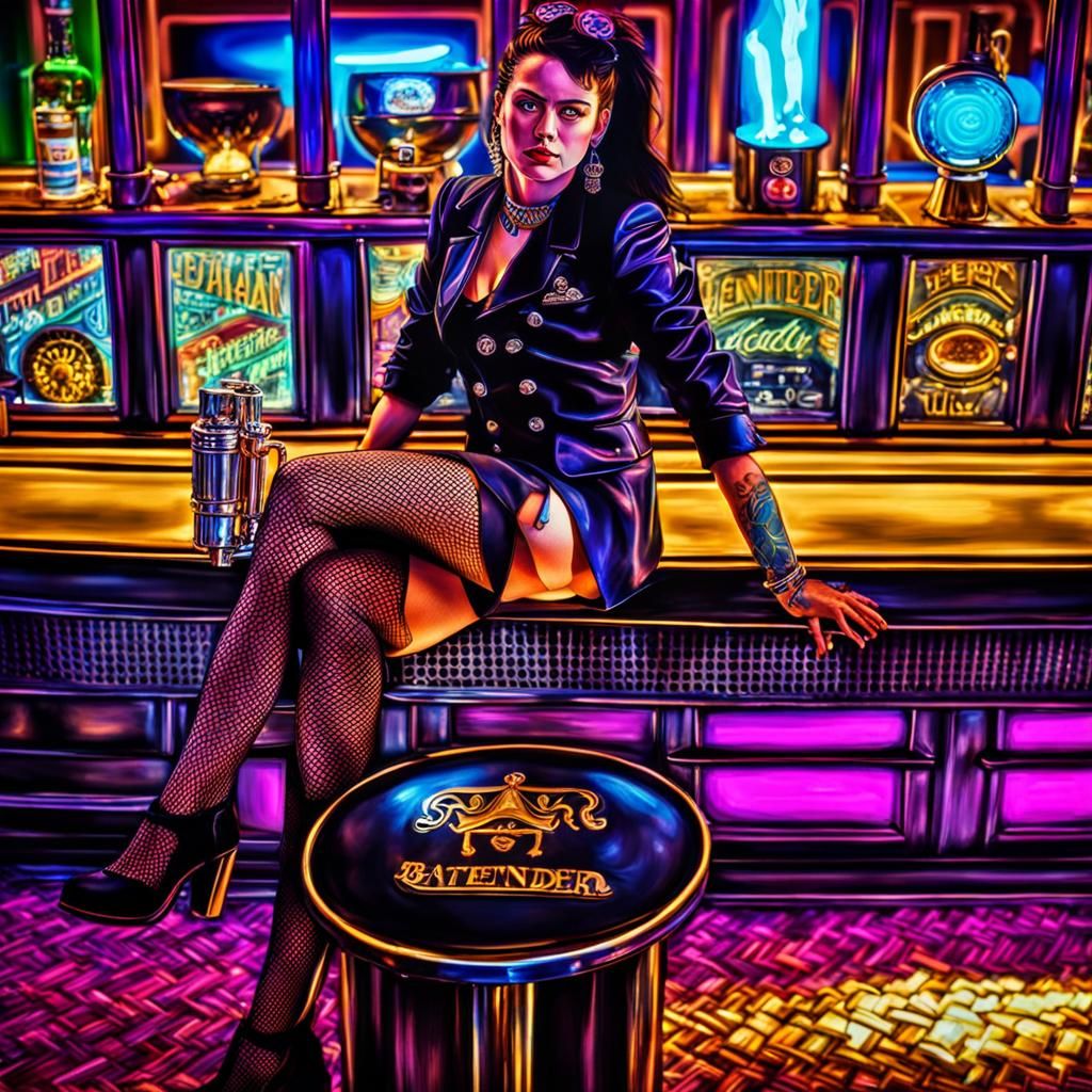 Bartender in Italian Dive Bar, Hyperrealistic Synthwave Styl...