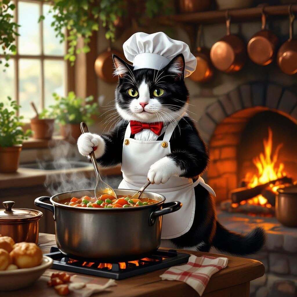 Chef Cat Cooks Stew in Rockwell Style