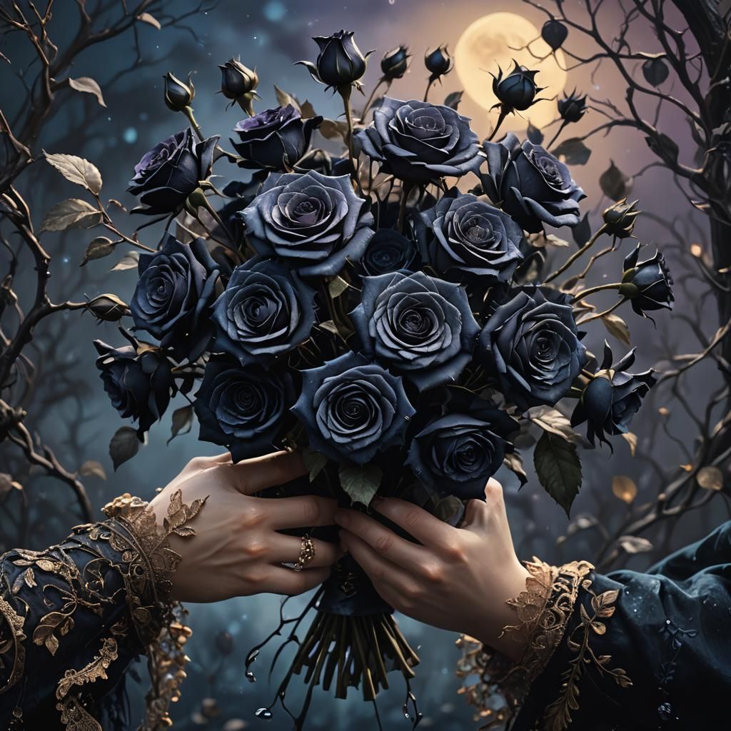 Black Roses Bouquet in Moonlit Garden