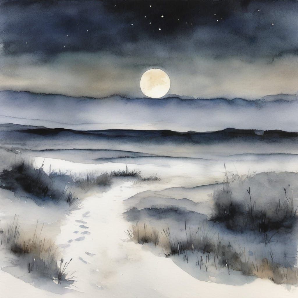 Snowy Winternight Landscape in Minimalistic Watercolour