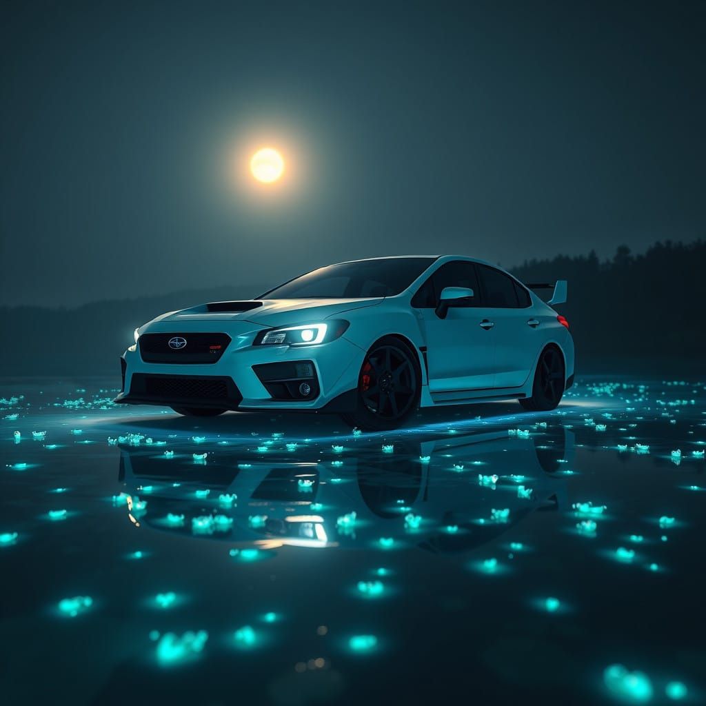 Sleek White Subaru WRX STI Illuminated by Moonlit Biolumines...