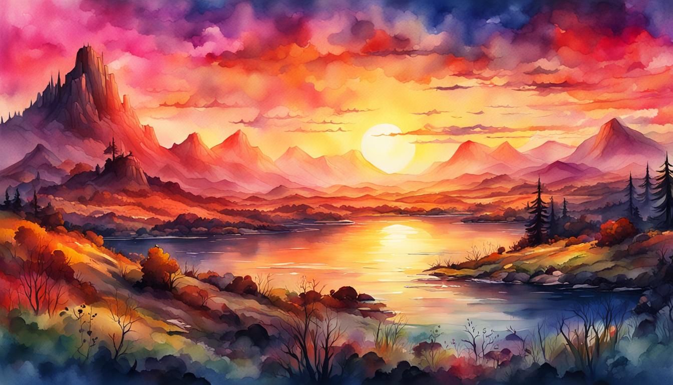 Sunset Landscape in Watercolor and Ink