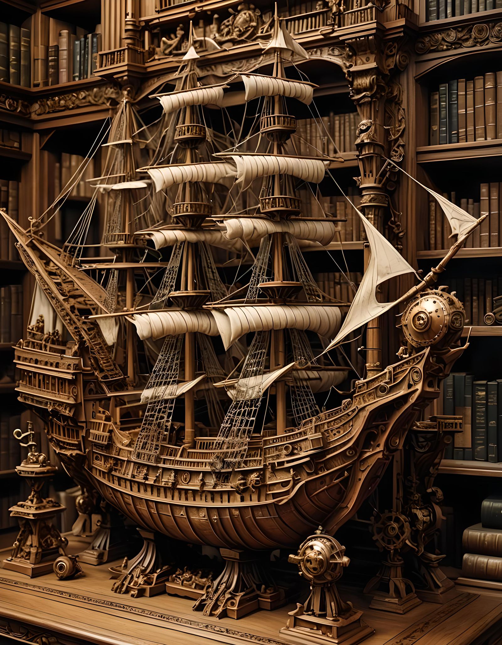 Steampunk Robot Galleon in Victorian Library