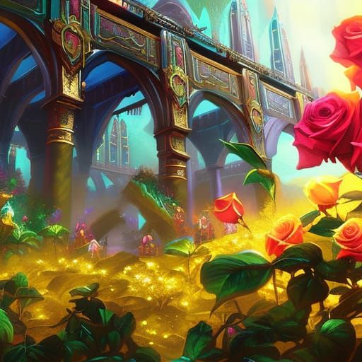 Vibrant Maze Concept Art with Flowers and Roses