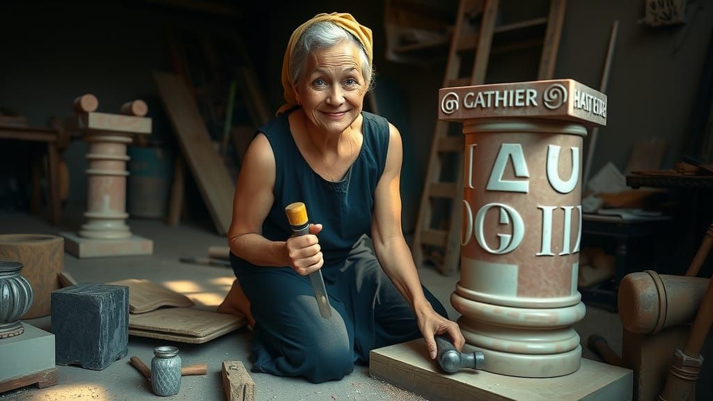 Serene Elderly Sculptor Works on Abstract Masterpiece in Dim...