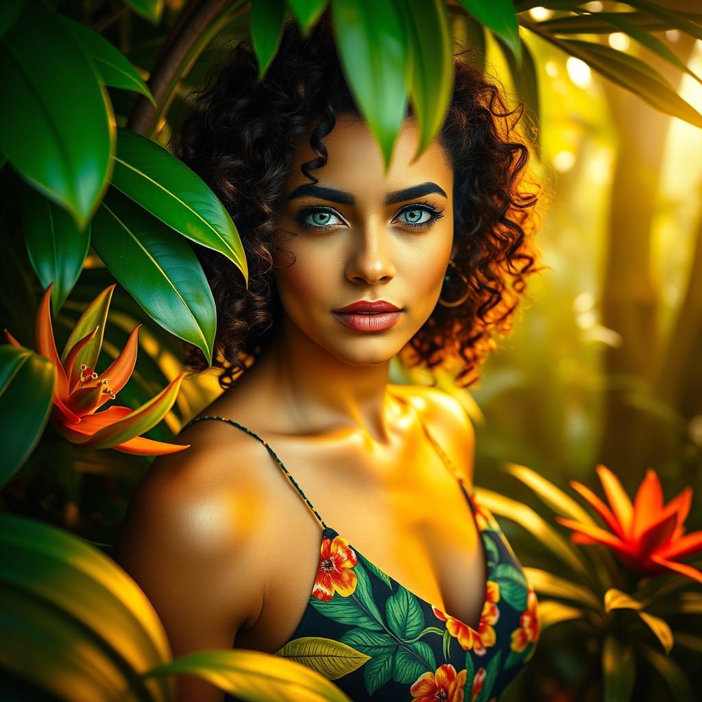 Tropical Jungle Goddess in Vibrant Floral Dress