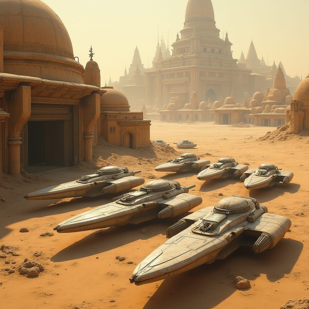 Sleek Starships Docked in Ancient Sandstone Bay, Evoking a F...