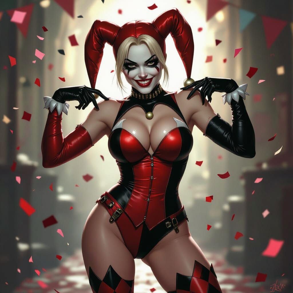 Voluptuous Harley Quinn in Red and Black Jester Costume