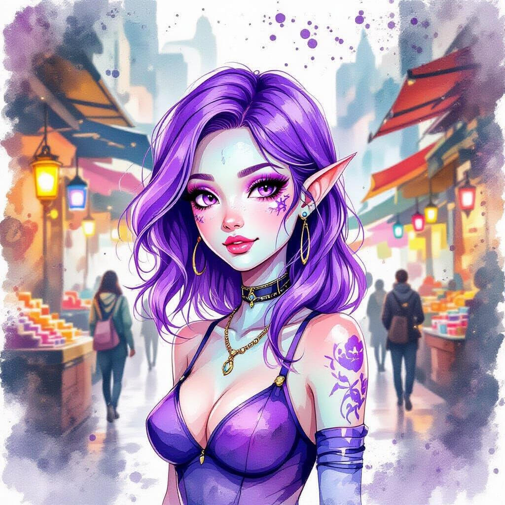 Purple-Haired Alien in Watercolor Marketplace