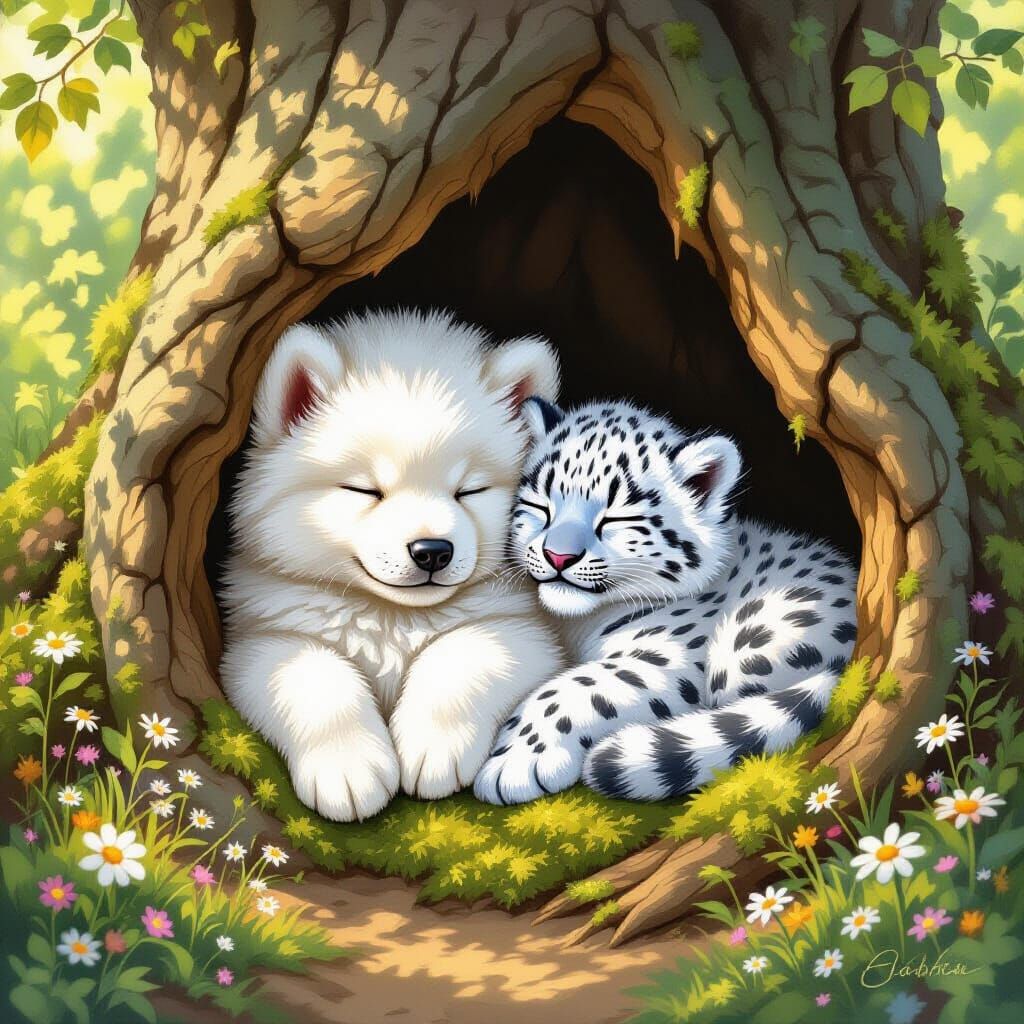 Samoyed Puppy and Snow Leopard Cub in Enchanted Forest