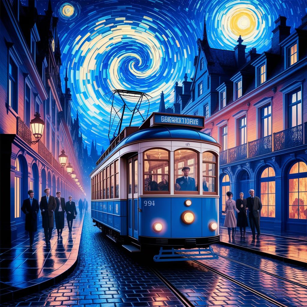 Magical Vintage Streetcar in Starry City Night