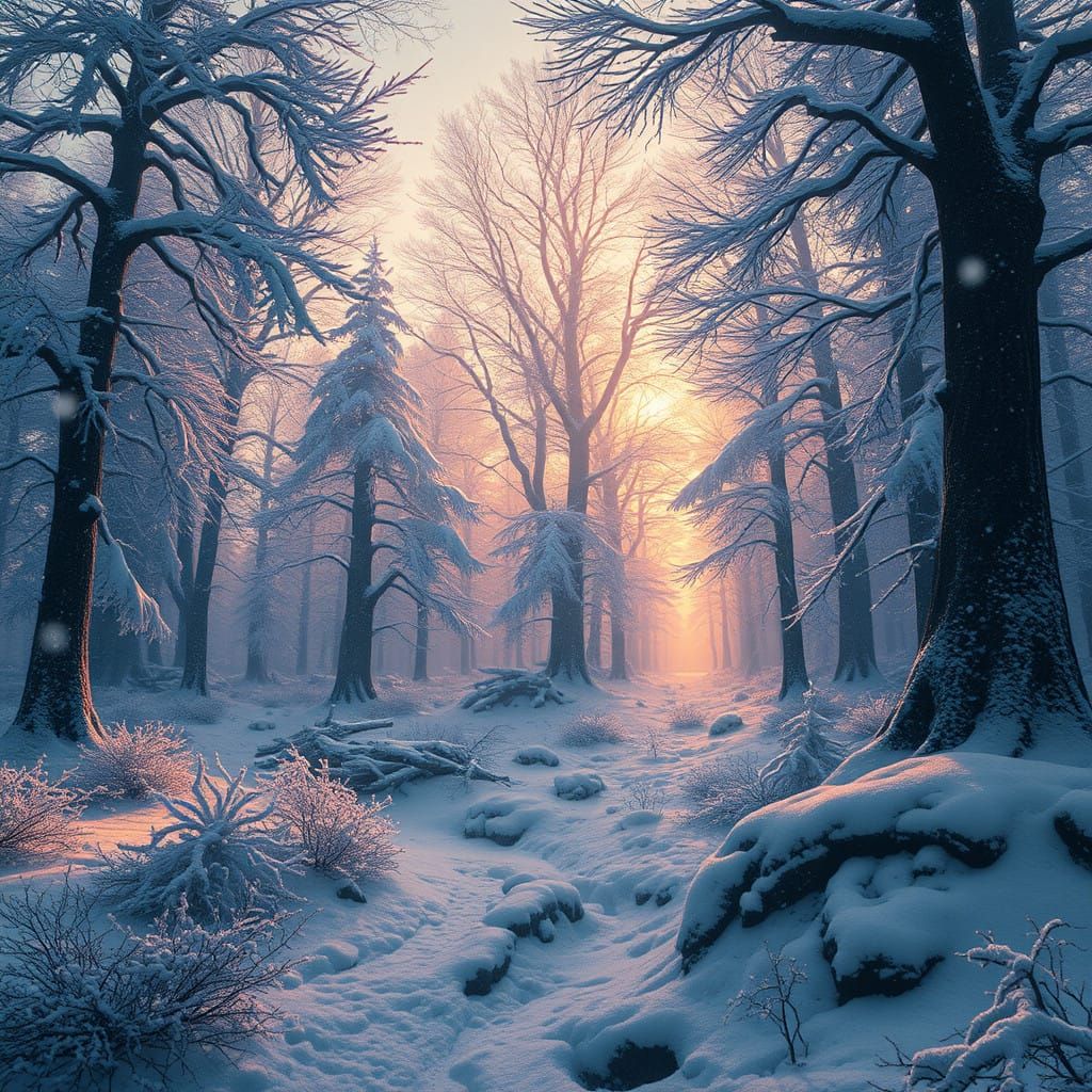 Mystical Snowfall on Ancient Forest in Vibrant, Icy Detail