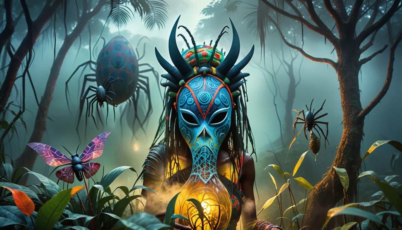Surreal Jungle Encounter: Woman, Jackal Mask, Spider