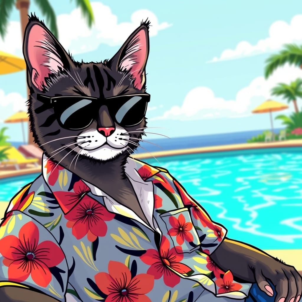 Cool Cat Lounging by Pool in Summer Illustration Style