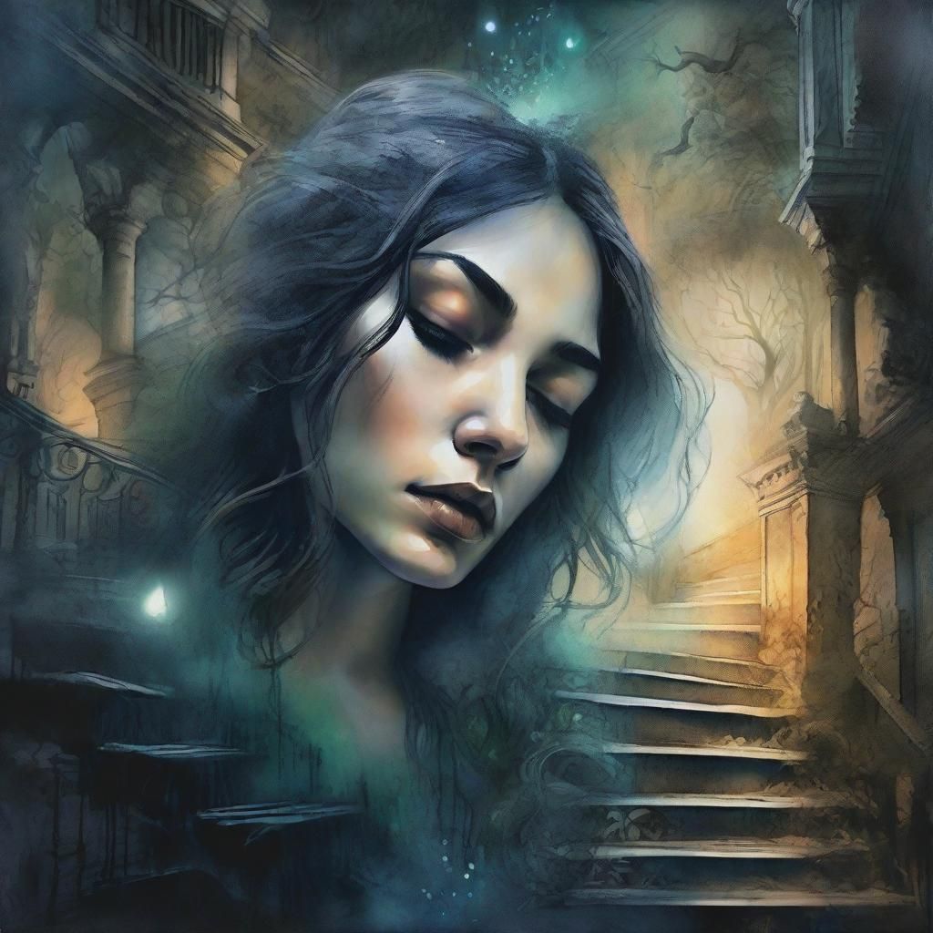 Dark Fantasy Portrait with Surreal Staircase