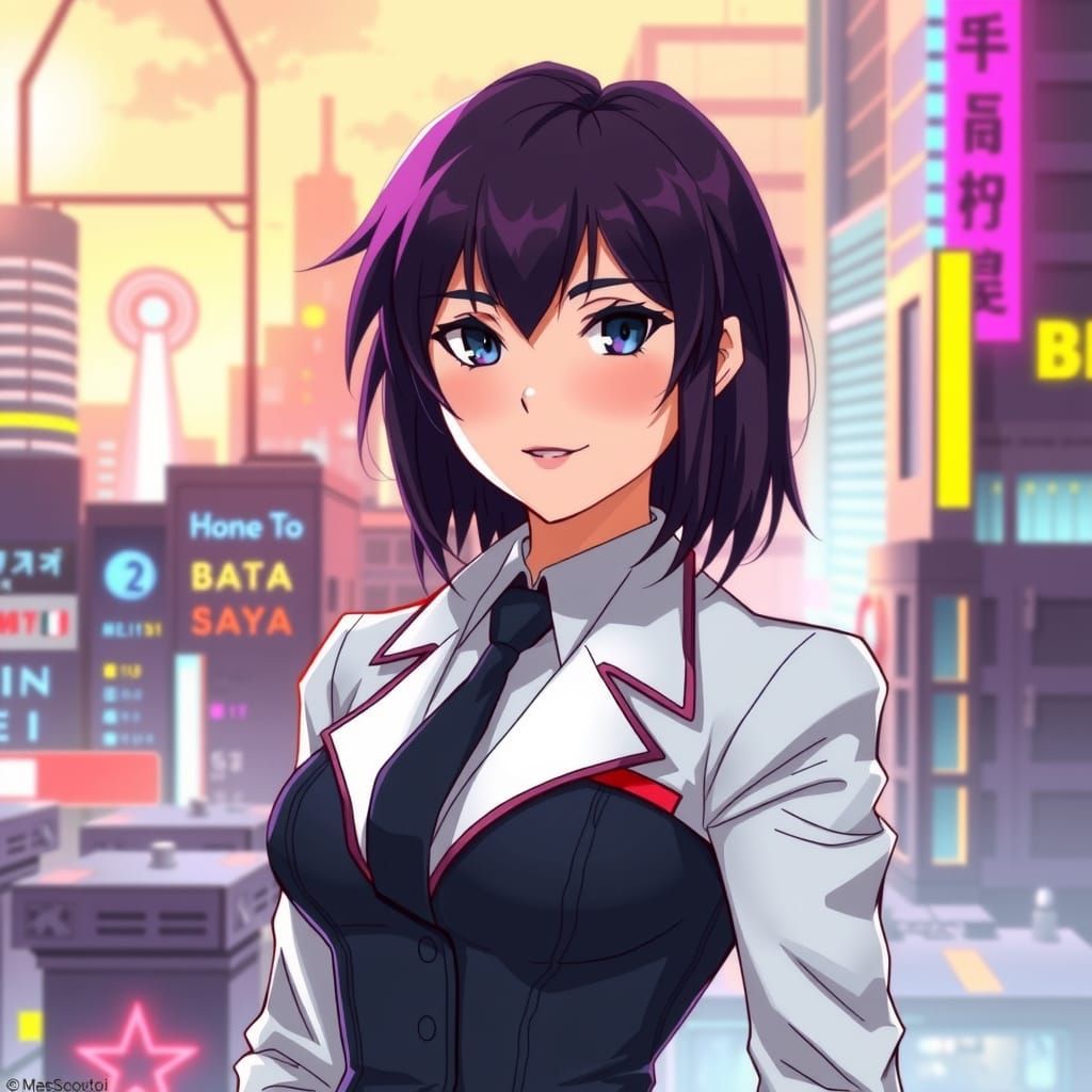 Motoko Kusanagi in Dress Uniform: Cyberpunk Cityscape