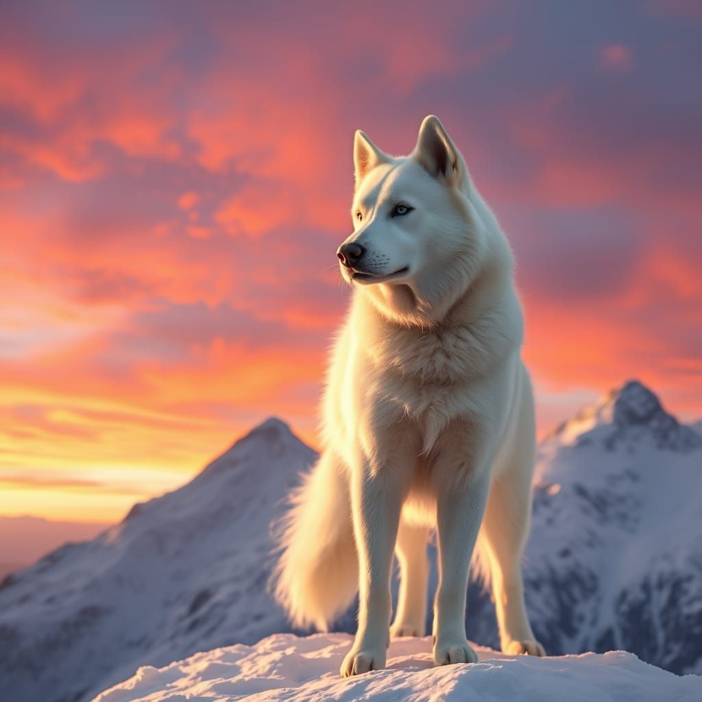 Siberian Husky on Mountain Peak at Sunrise