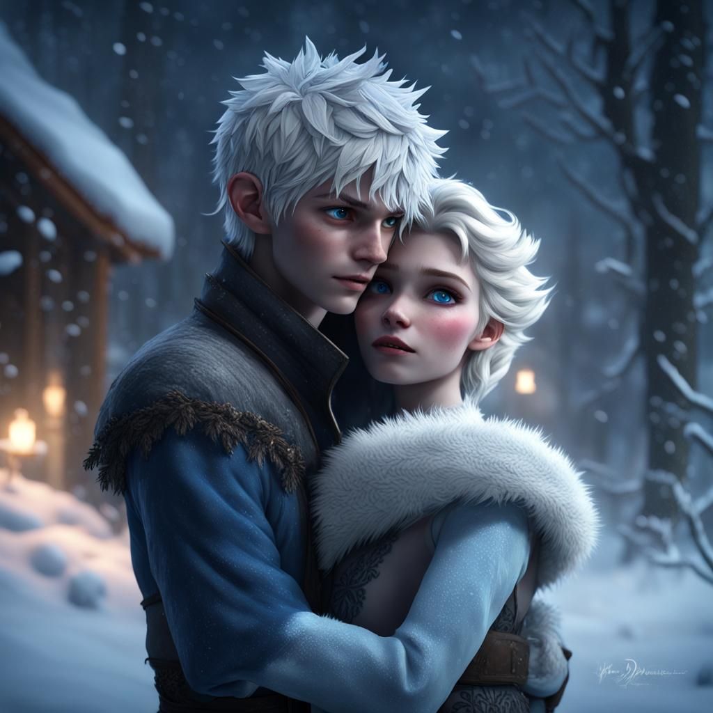 Jack Frost and Elsa in Winter Blizzard, Digital Art
