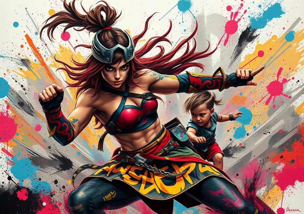 Dynamic Warrior Woman in Graffiti-Inspired Battle Scene