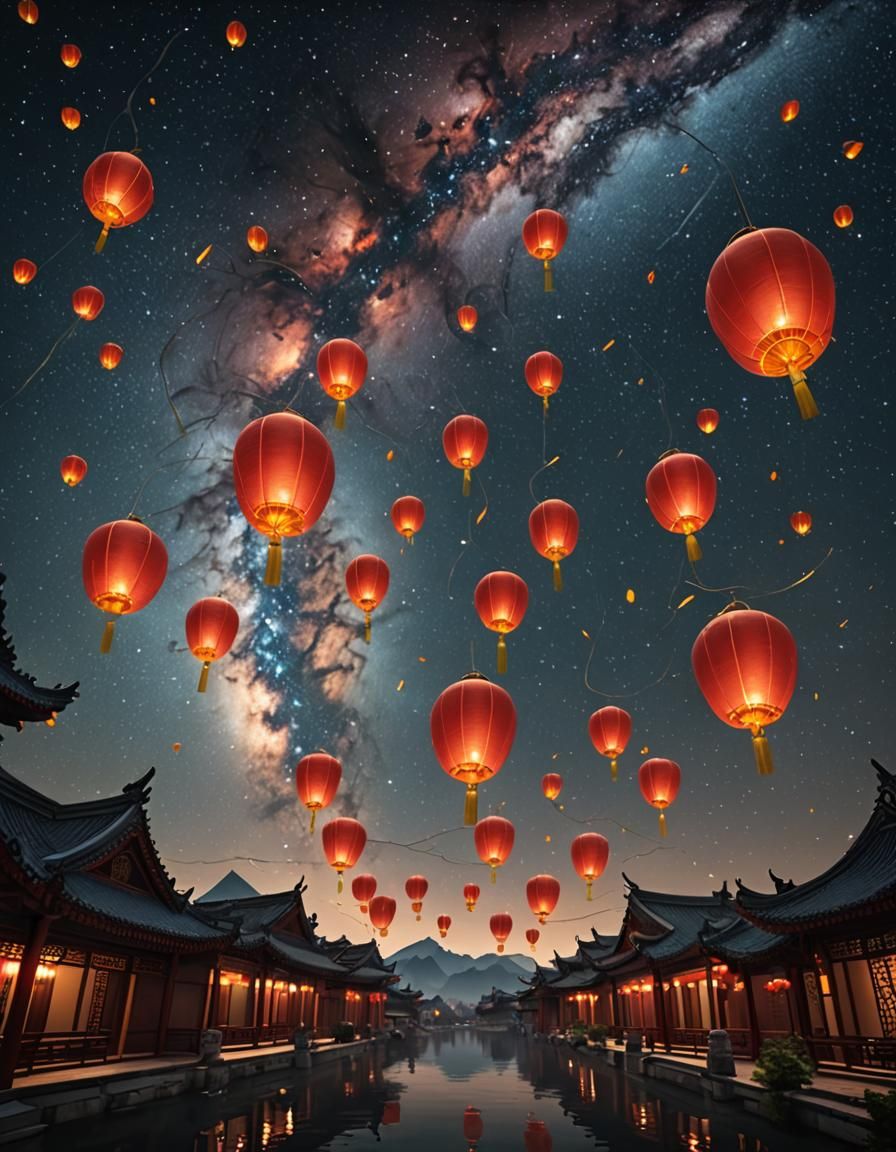 Chinese Lanterns Illuminate Starry Sky