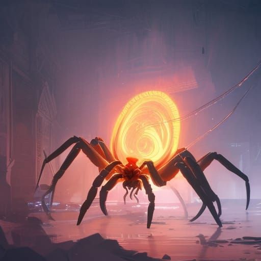 Giant Spider Concept Art in Orange and Teal